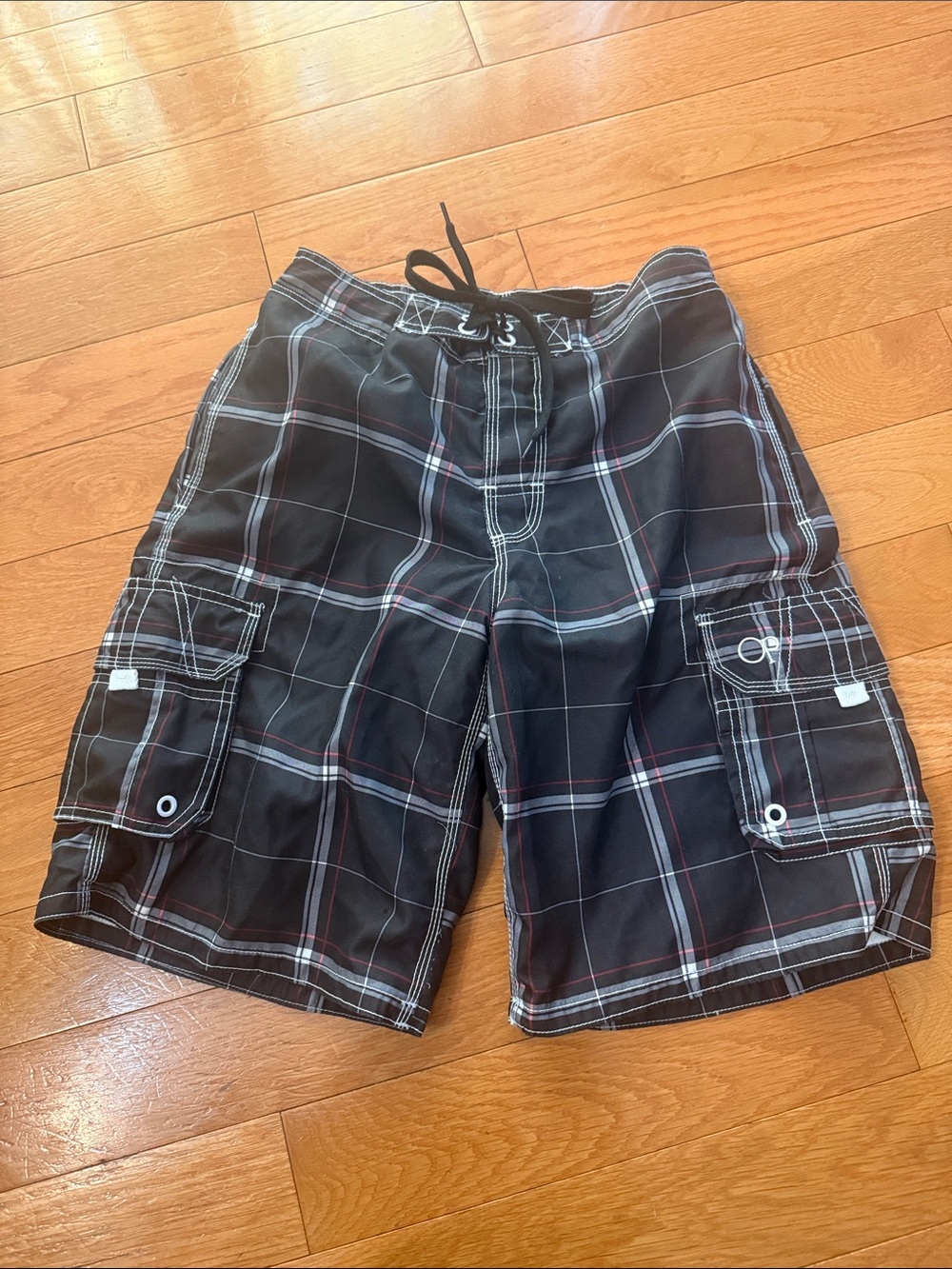 OP Black Plaid Cargo Swim Shorts with White and Red Accents